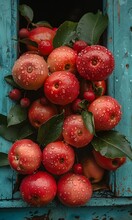 a group of red apples on a blue surface