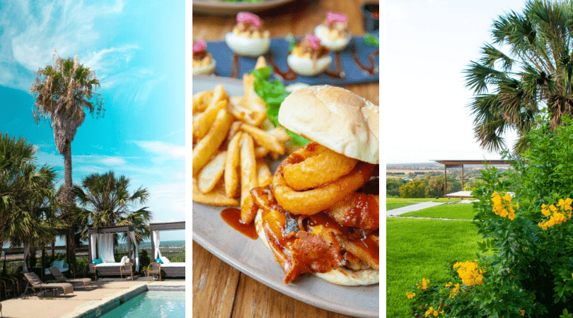 a collage of food and a pool