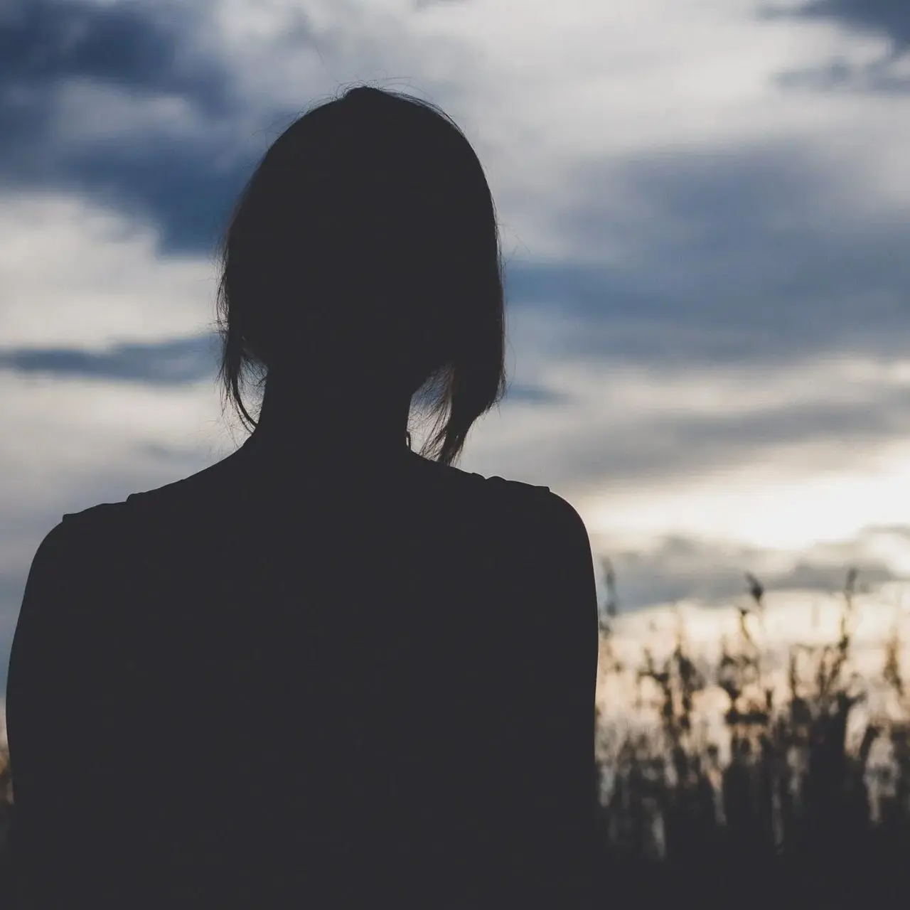 a silhouette of a woman in a field