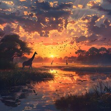 giraffes in a marsh at sunset