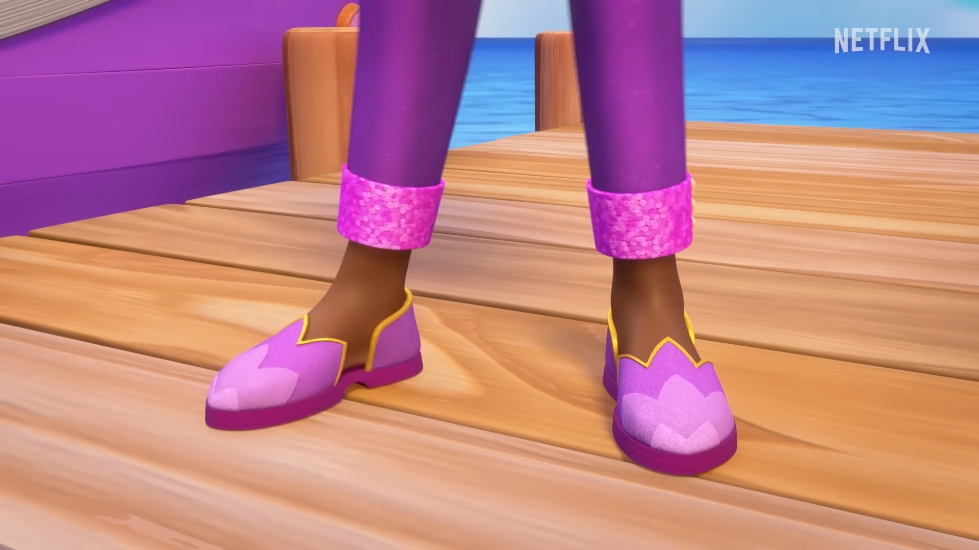 a cartoon of legs wearing purple shoes