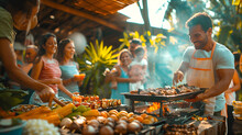 a group of people standing around a barbecue