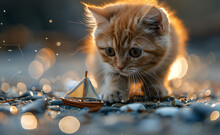 a cat walking on the ground with a toy boat