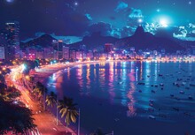 a city on the beach at night