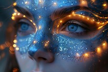 a woman with blue eyes and blue eyes with blue eyes and blue eyes with orange lights on it