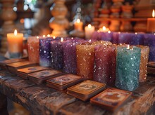 a group of candles and cards on a table