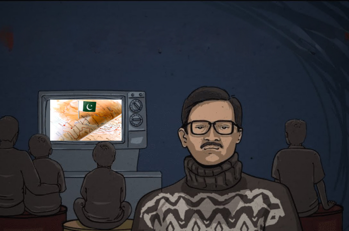 a man in a sweater with a mustache and glasses sitting in front of a television