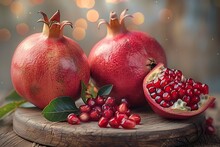 a group of pomegranates on a wooden surface