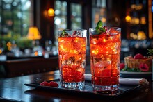 two glasses of red liquid with ice and berries on a table