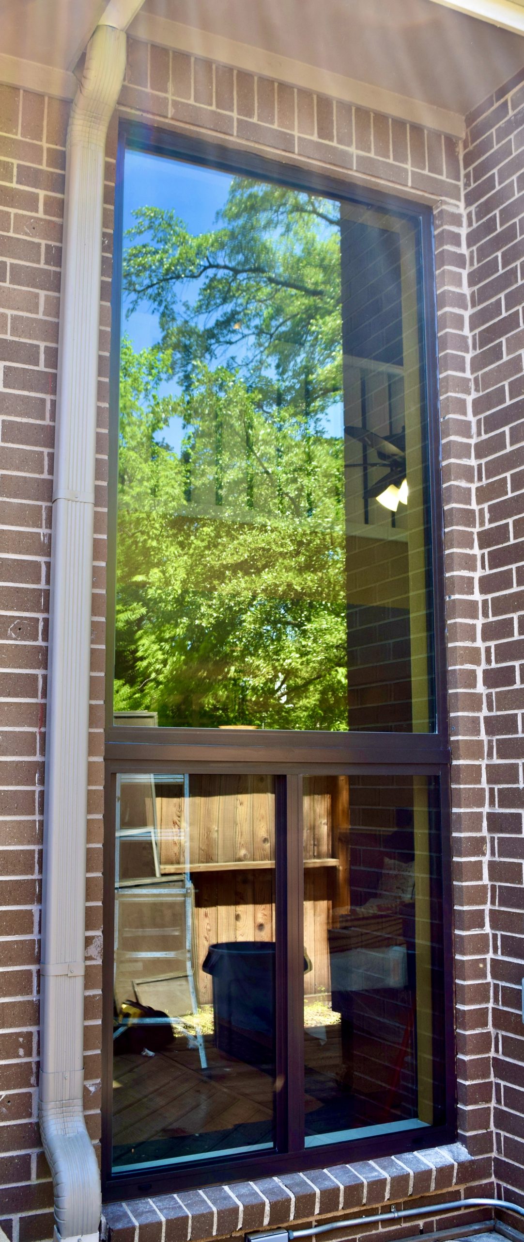 a window with a glass door and a tree outside