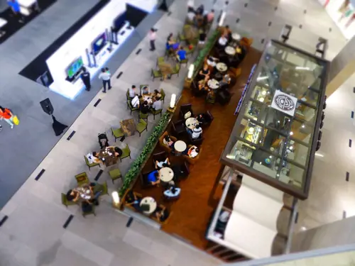 a group of people sitting at tables in a mall