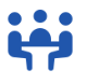 a blue logo with people sitting at a table