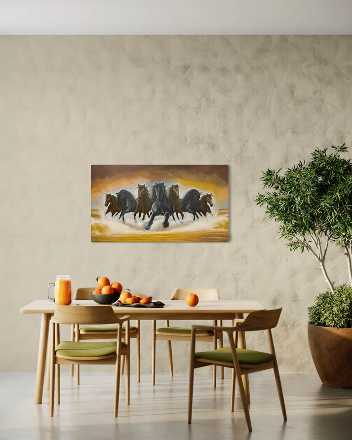 a table with chairs and a painting of horses