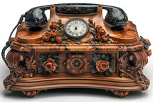 a wooden telephone with a clock and flowers