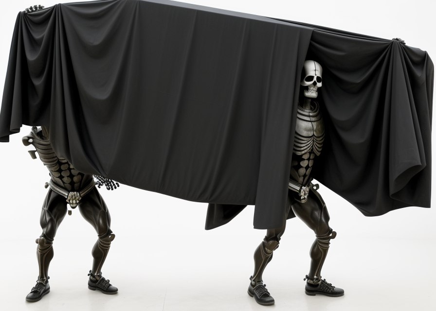 a skeleton holding a black cloth over a person's body