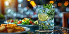 a glass of water with ice and lemon slices on a table