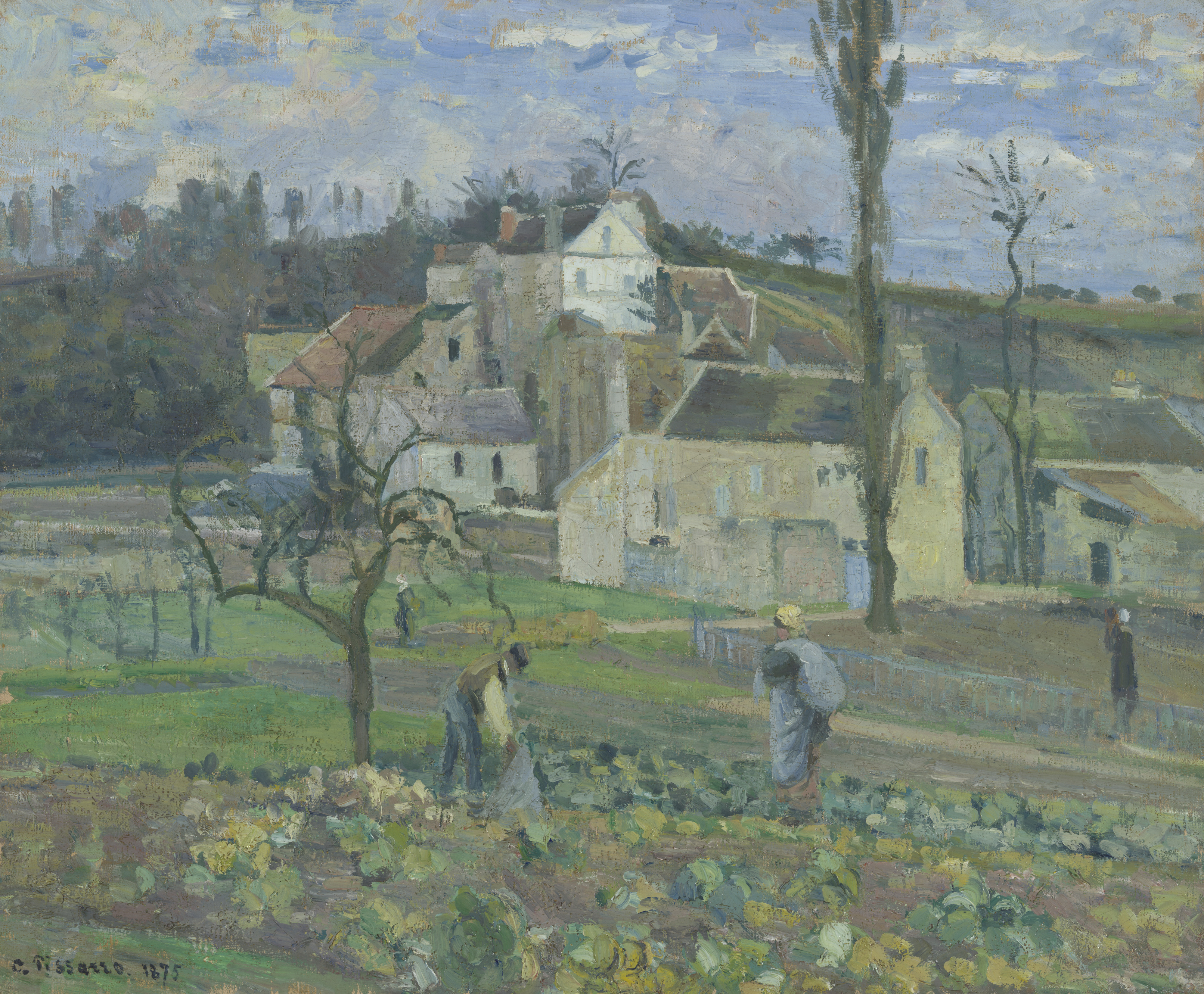 a painting of a farm with a group of people working in the garden