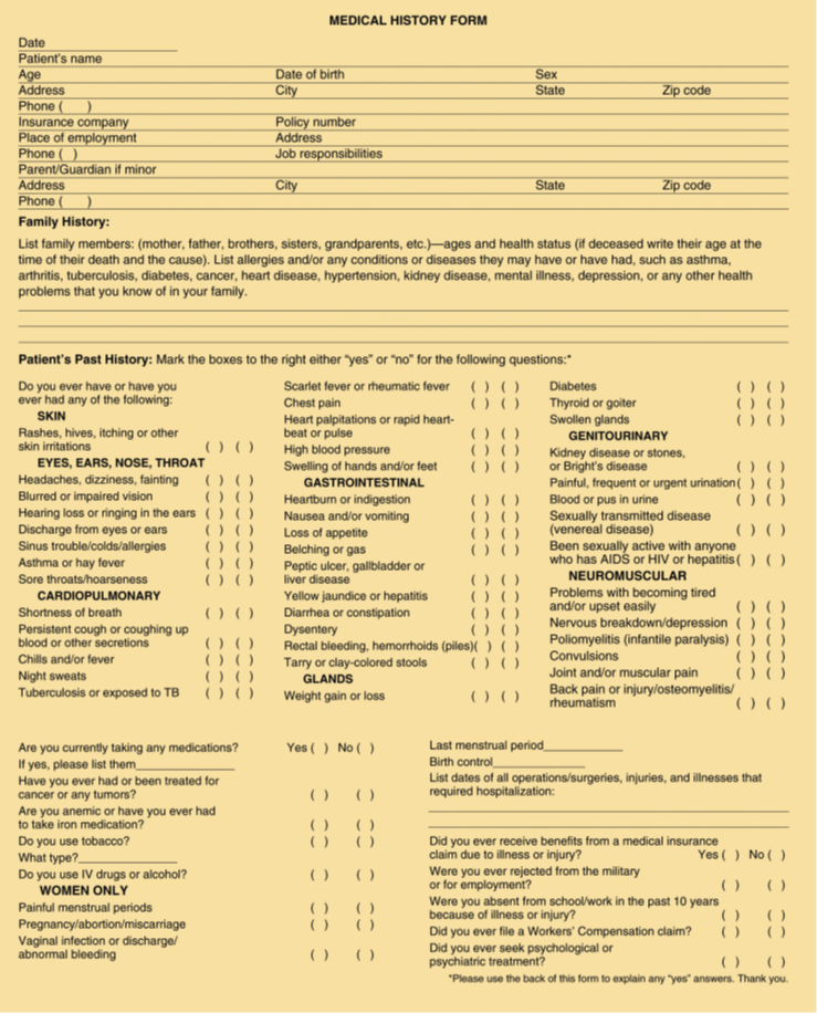 a yellow medical form with a checklist