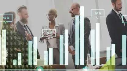 a group of people standing in front of a graph