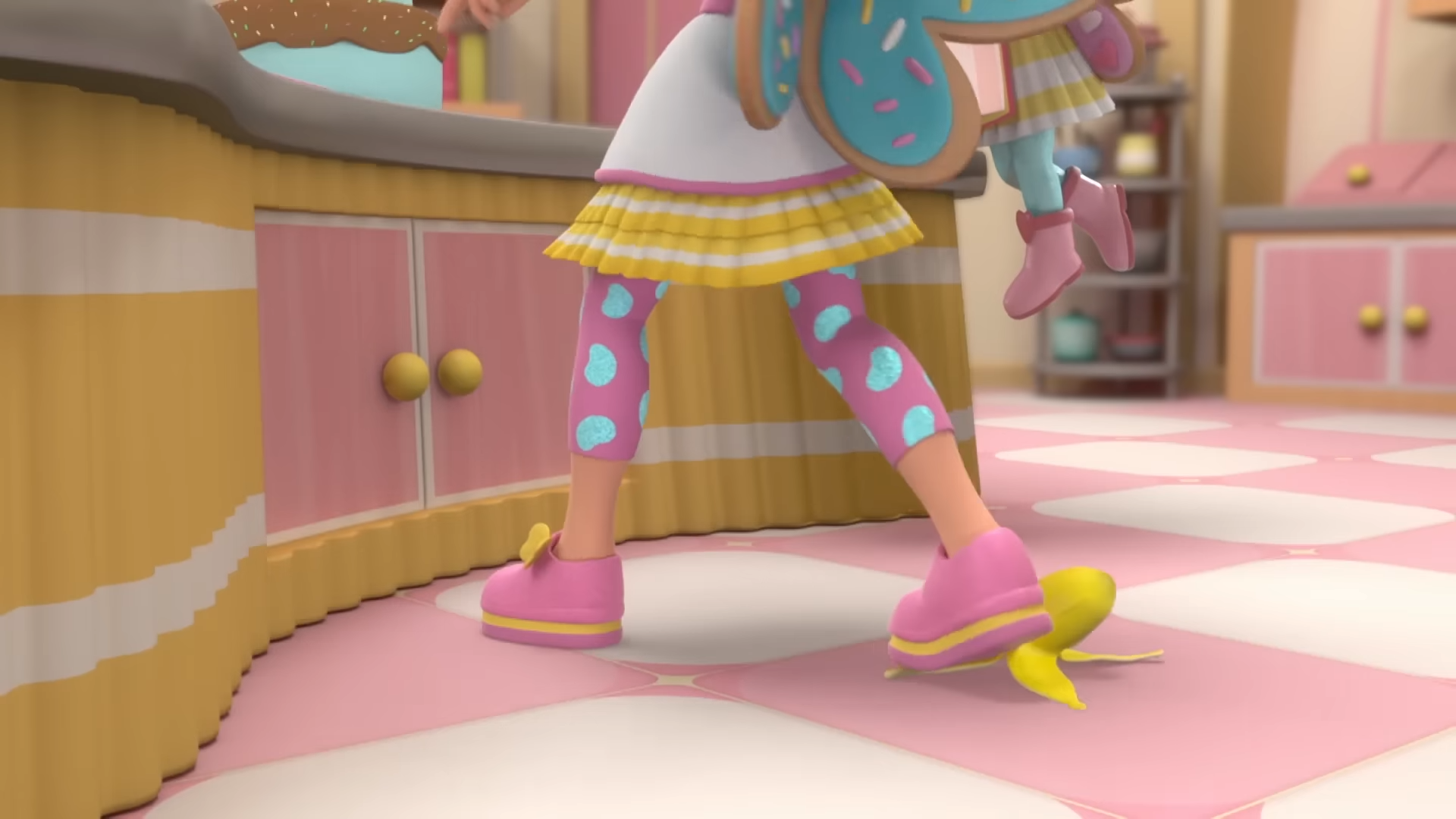 cartoon of a girl in a pink and white kitchen