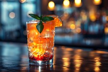 a glass of orange drink with a leaf on top of it