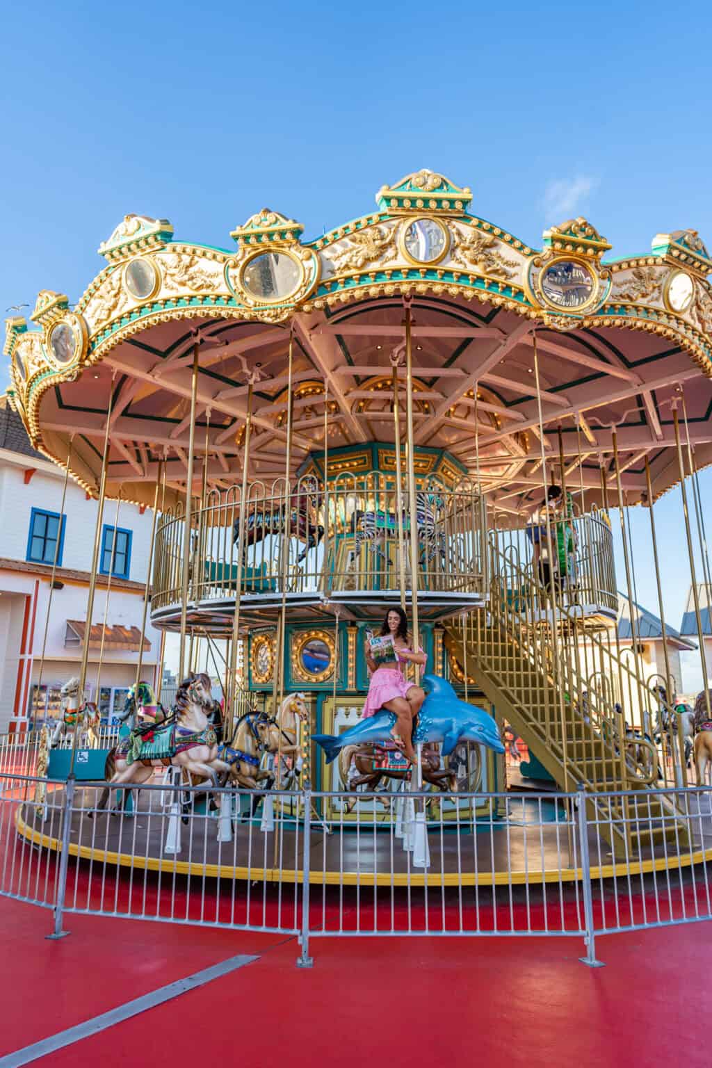 a woman sitting on a carousel