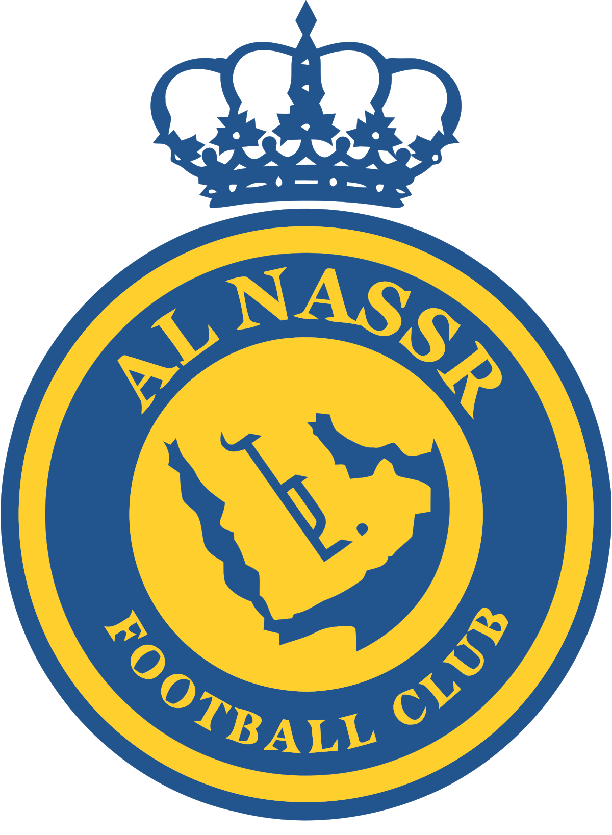 a blue and yellow logo with a crown