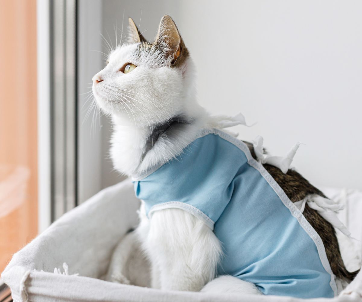 a cat wearing a blue shirt