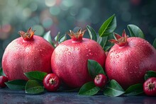 a group of pomegranates with leaves