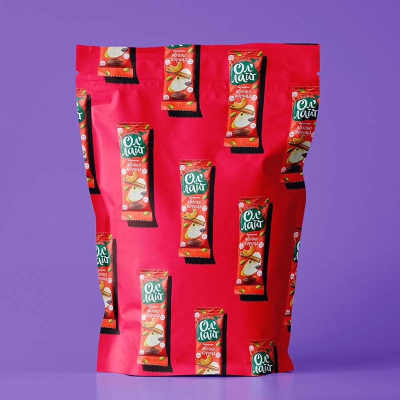 a red bag with a pattern of food