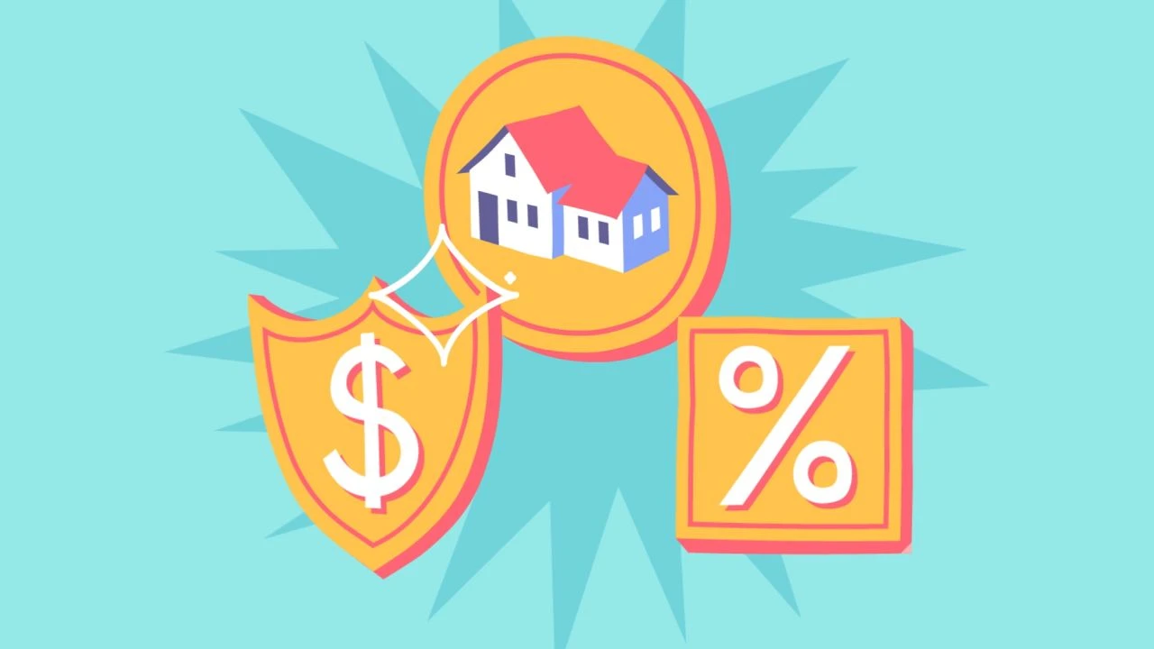 a house and shield with a dollar sign and a percent sign