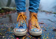 a person wearing blue jeans and yellow shoes with sprinkles