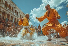 two men in yellow robes fighting in water