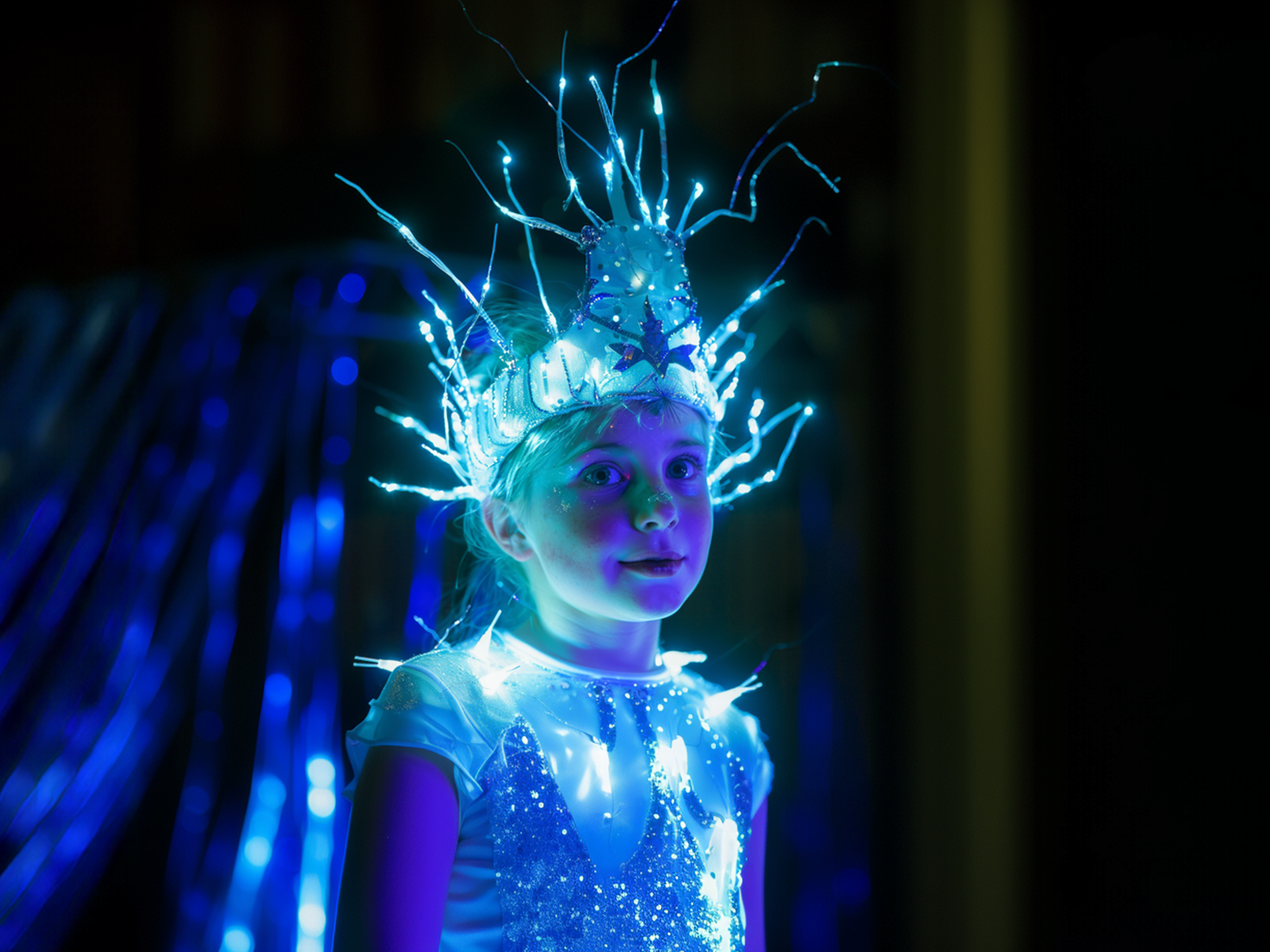 a girl wearing a blue and white garment with lights