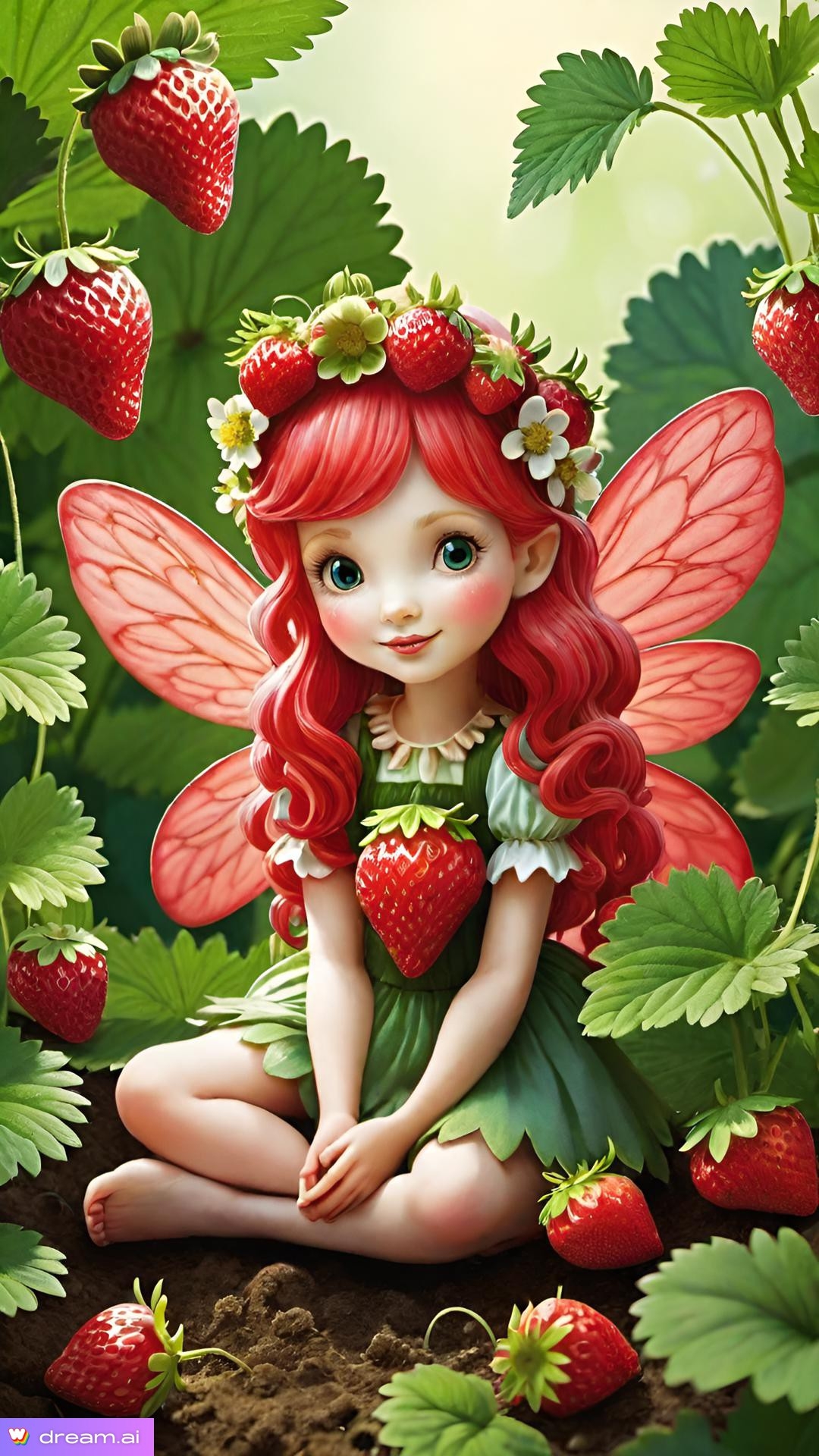 a cartoon of a fairy with red hair and strawberries