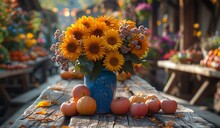 a vase of flowers and fruit on a table