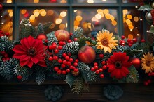 a window with flowers and fruits