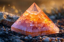 a pyramid shaped object with orange crystals