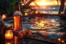 a bottle and candle on a table