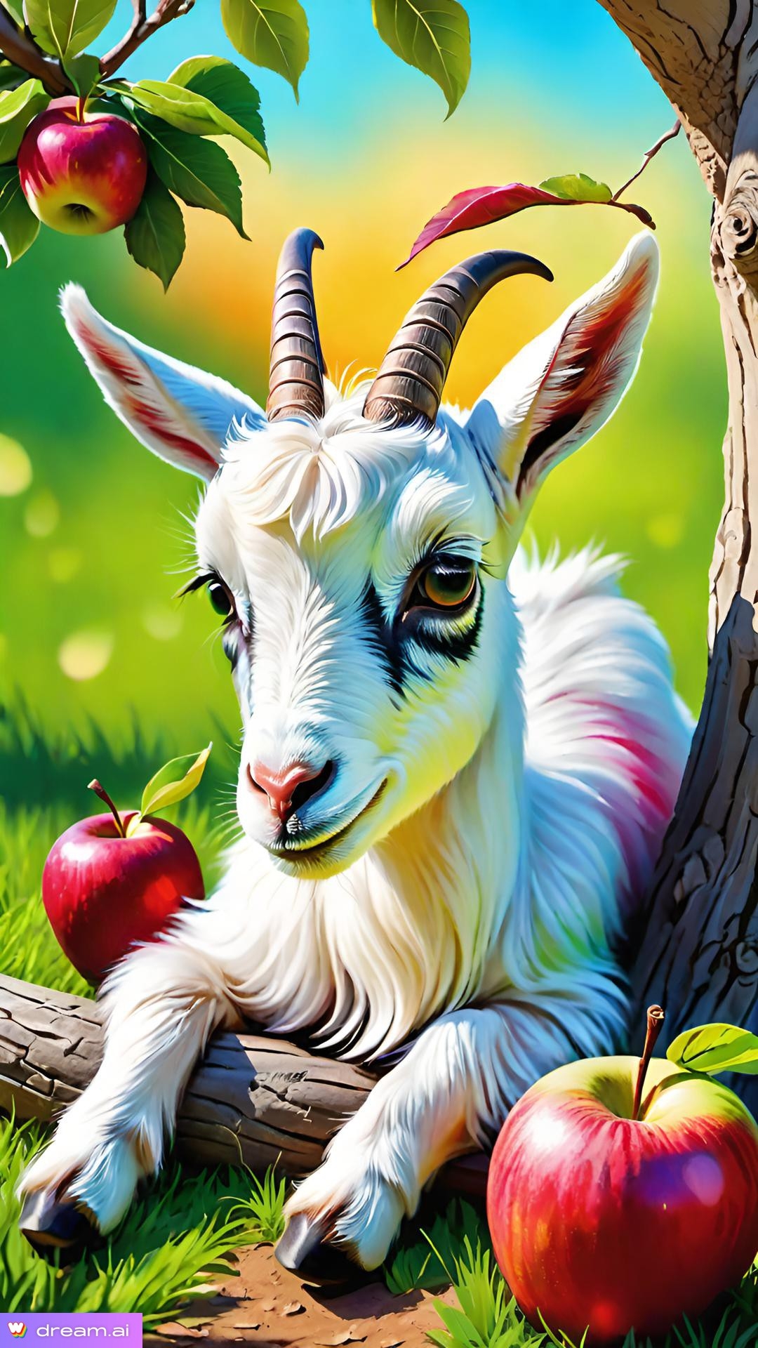 a white goat with horns lying on a tree branch with an apple