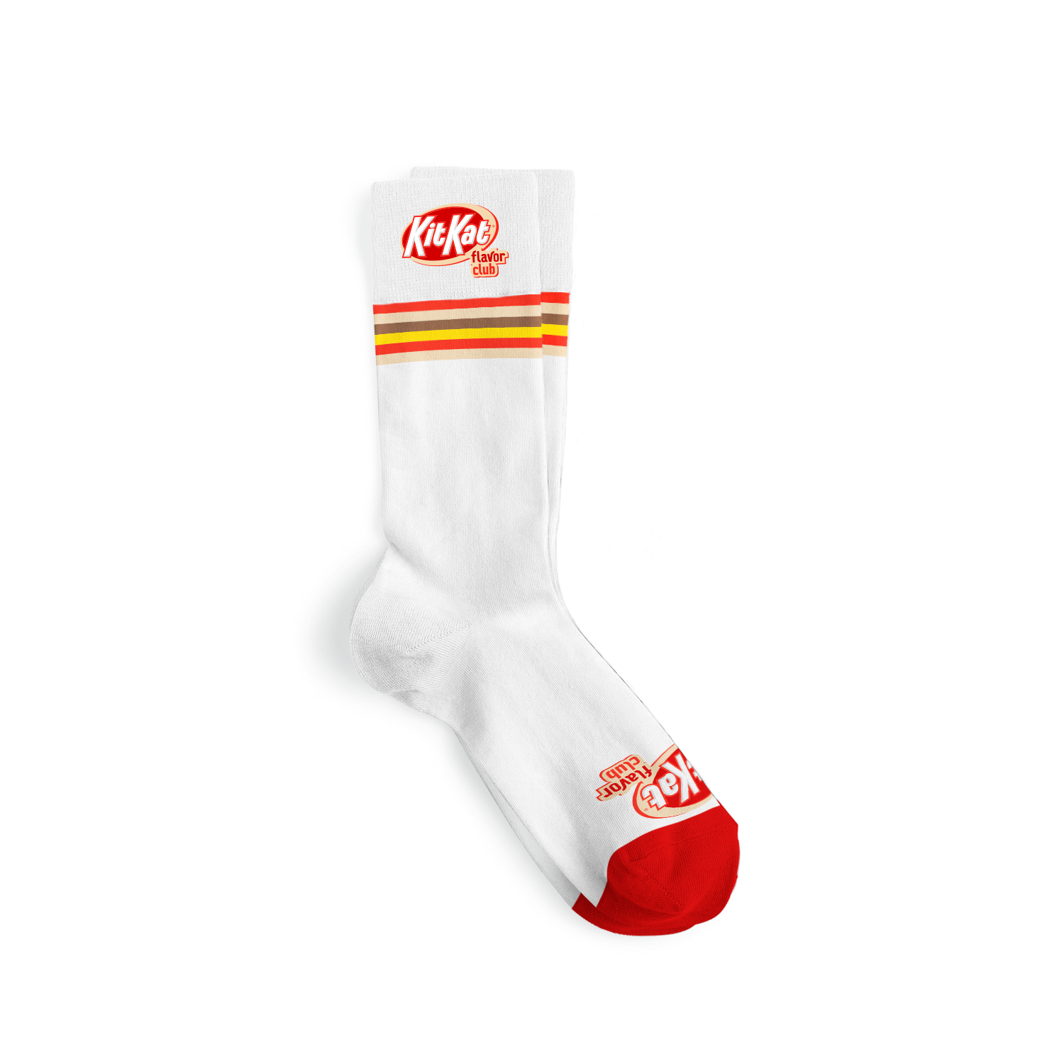 a white sock with red and yellow stripes