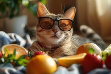 a cat wearing glasses and lying on a blanket with fruits