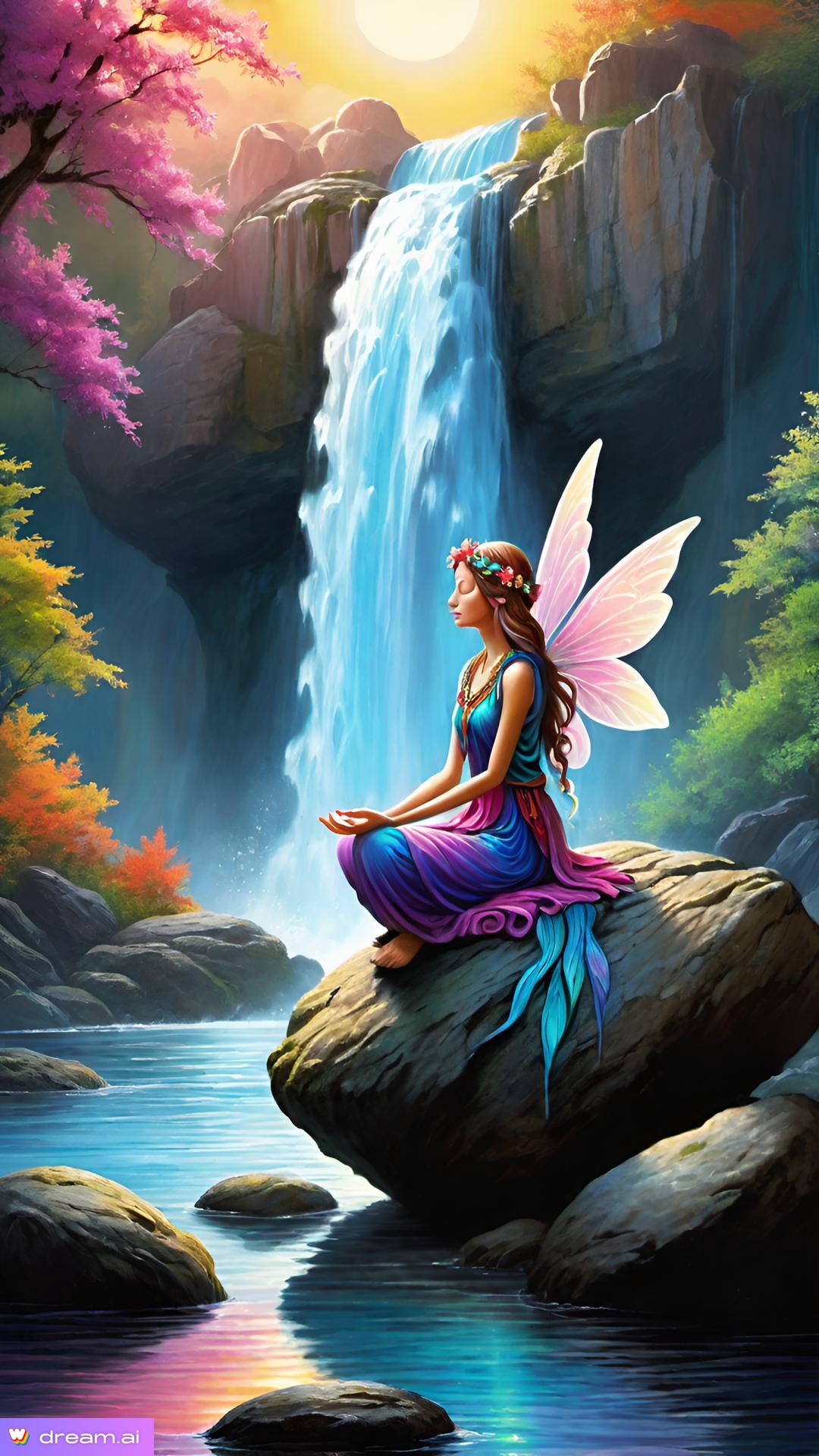 a painting of a fairy sitting on a rock by a waterfall