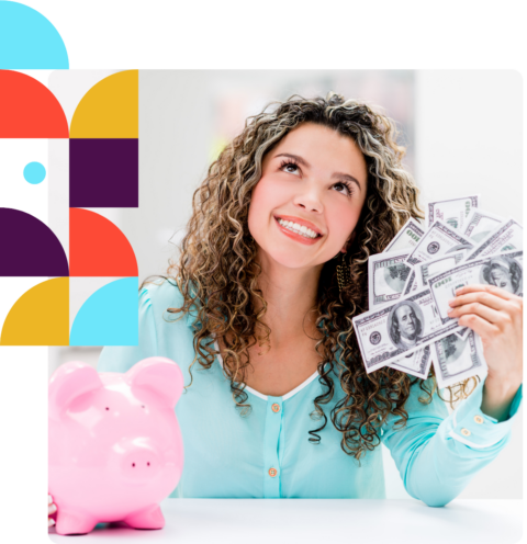 a woman holding money and a piggy bank