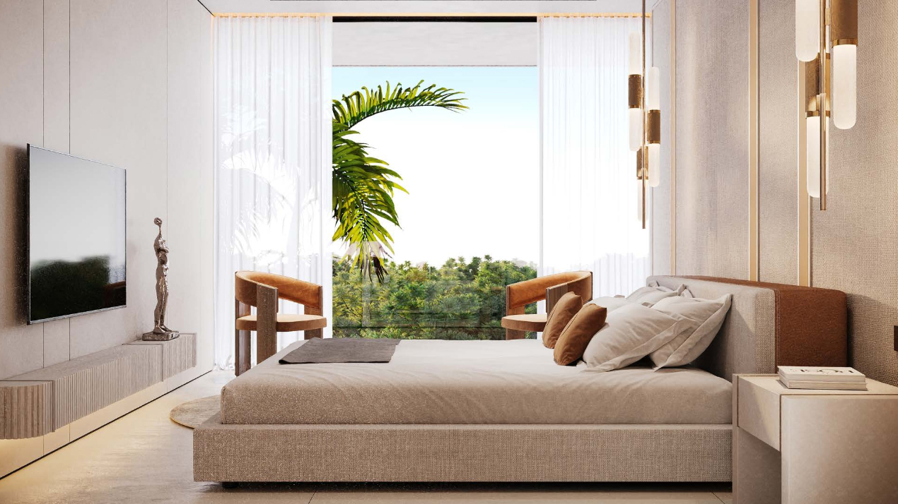 a bed with a large bed and chairs in a room with a view of trees