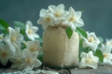 a white flowers on a burlap bag