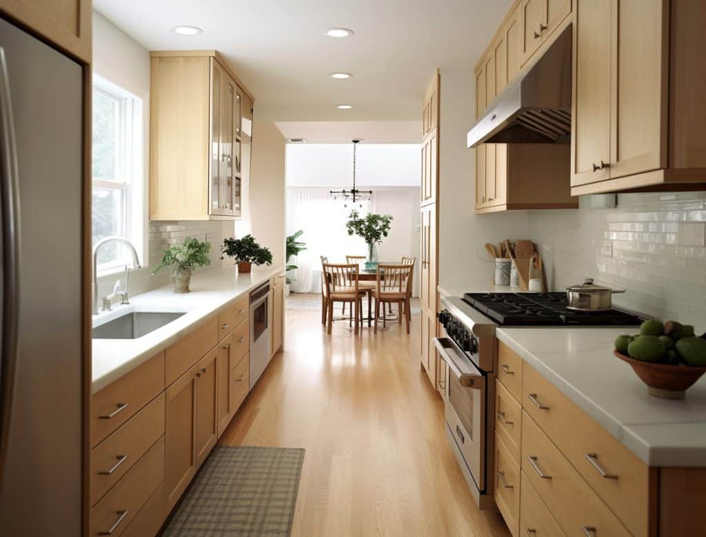 a kitchen with wood cabinets and a dining table