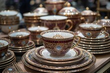 a group of teacups and plates