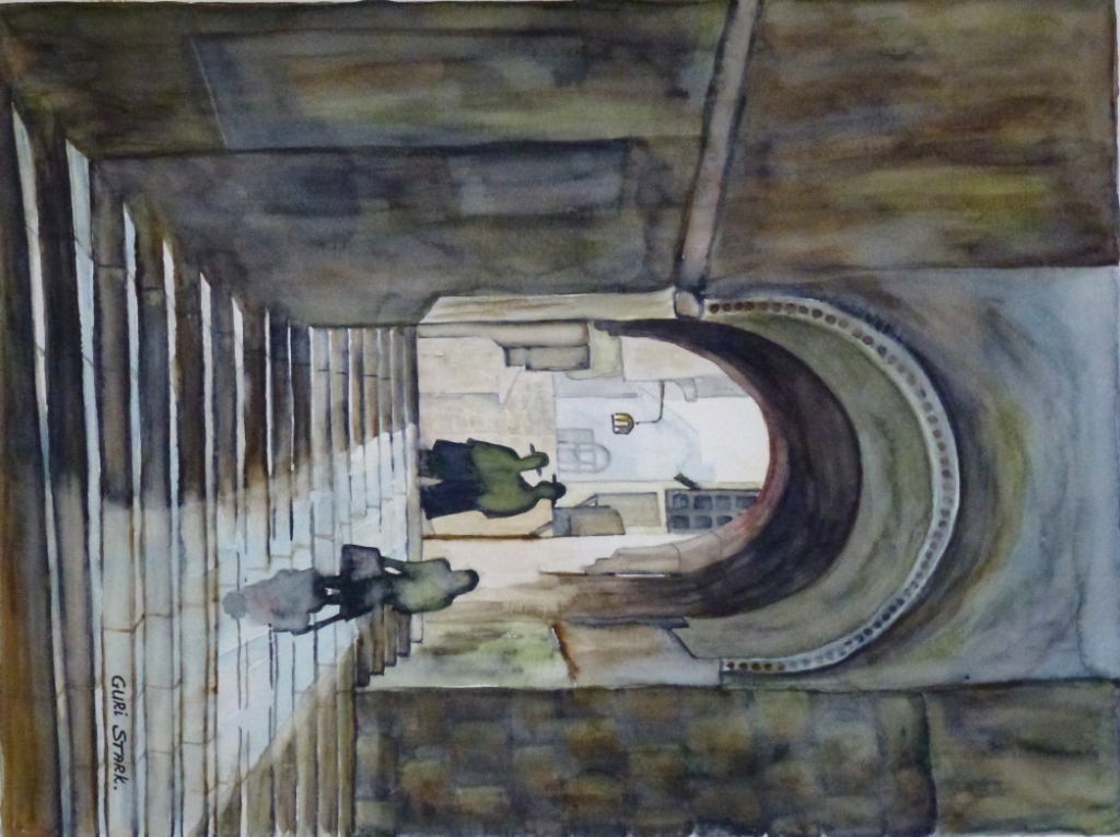 a painting of people walking in a building