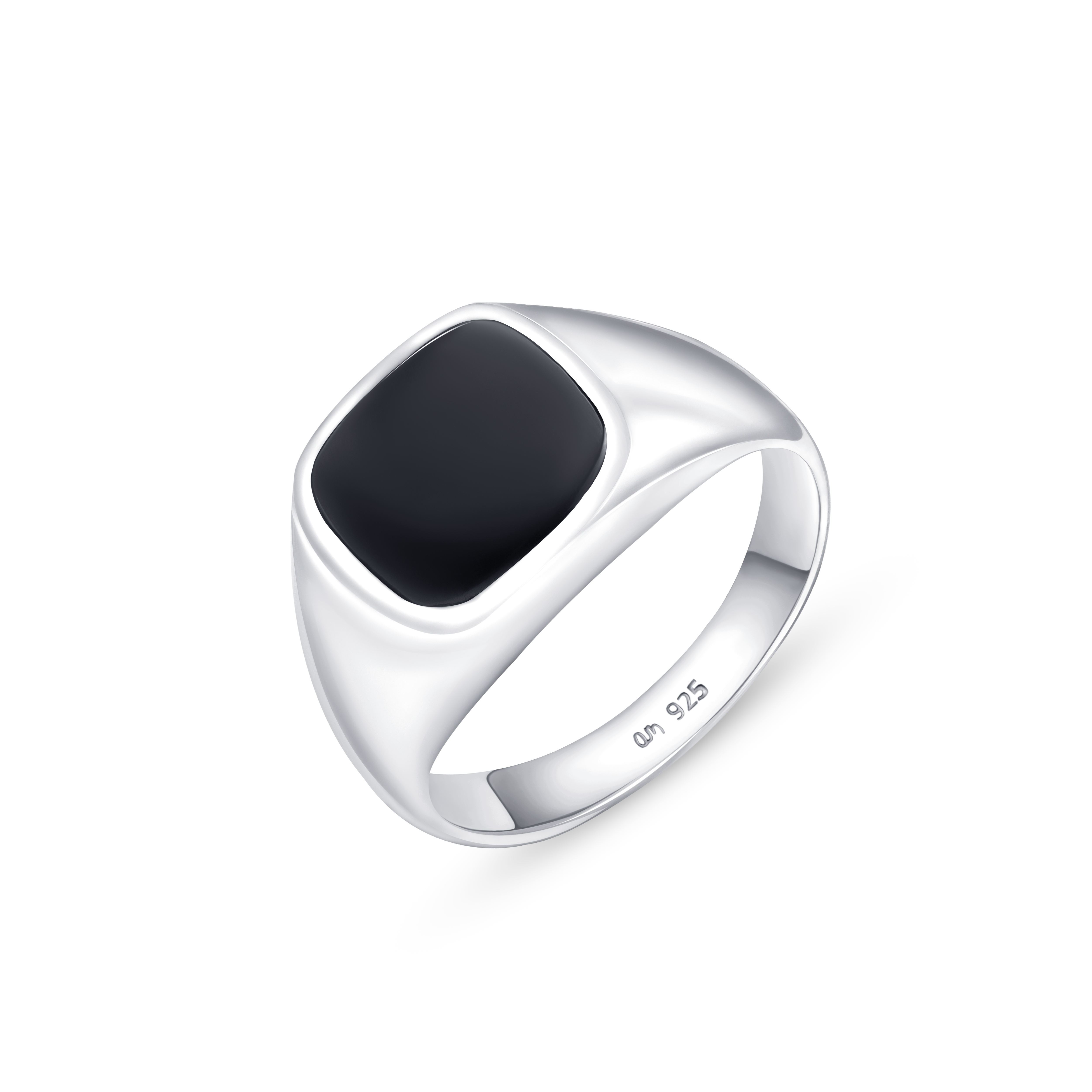 a silver ring with a black stone